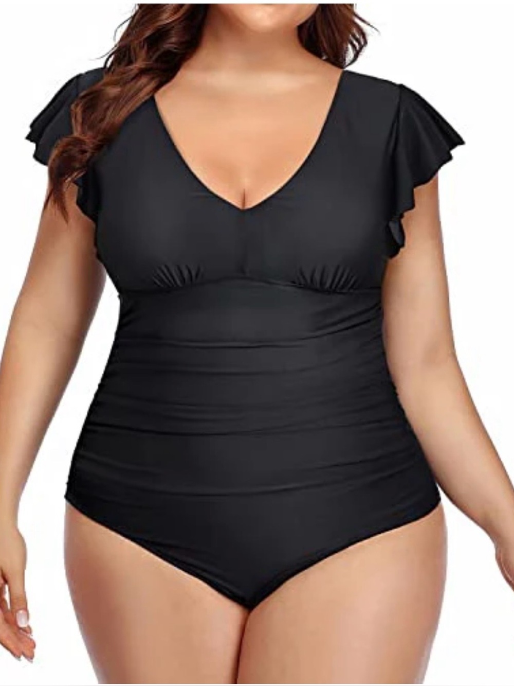 Younique Black V-Neck One-Piece Swimsuit with Flutter Sleeves